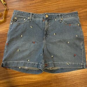 Seven7 Blue and Red Jean Shorts with Embroidered Accents